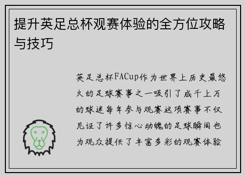 提升英足总杯观赛体验的全方位攻略与技巧 提升英足总杯观赛体验的全方位攻略与技巧
