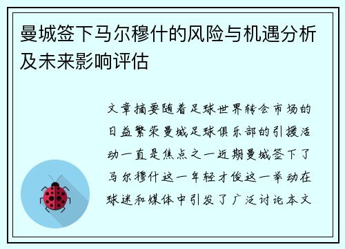 曼城签下马尔穆什的风险与机遇分析及未来影响评估 曼城签下马尔穆什的风险与机遇分析及未来影响评估