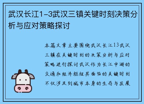 武汉长江1-3武汉三镇关键时刻决策分析与应对策略探讨 武汉长江1-3武汉三镇关键时刻决策分析与应对策略探讨