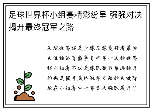 足球世界杯小组赛精彩纷呈 强强对决揭开最终冠军之路